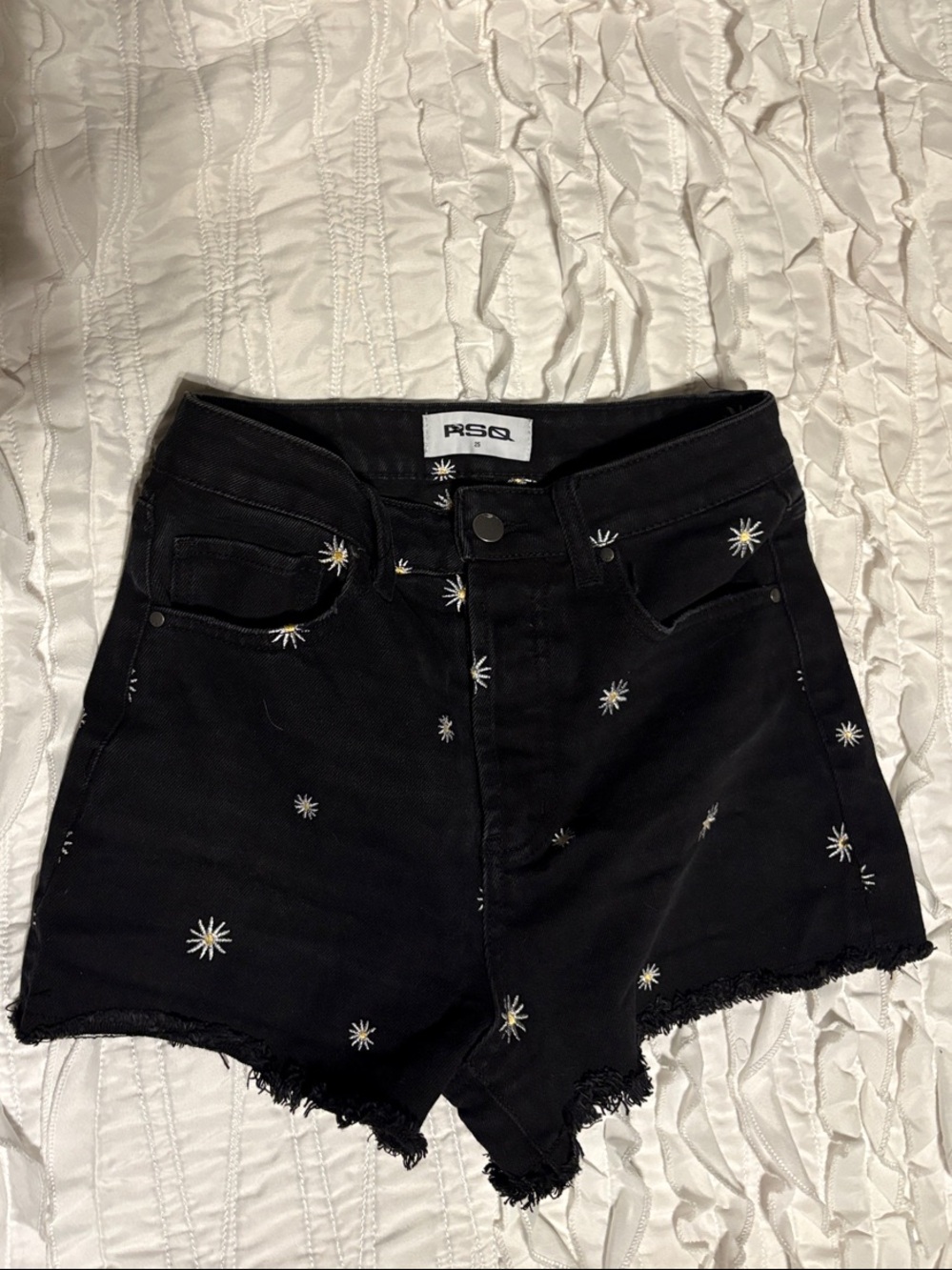 RSQ Black Embroidered Daisy High-Waist Denim Shorts